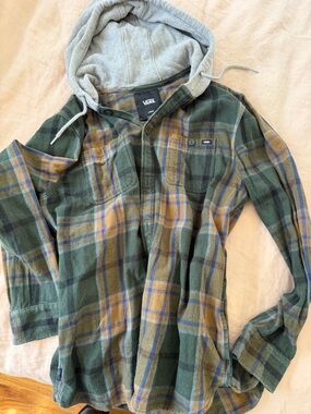 Vans Green, Mustard & Blue Plaid Hooded Flannel Shirt Jacket